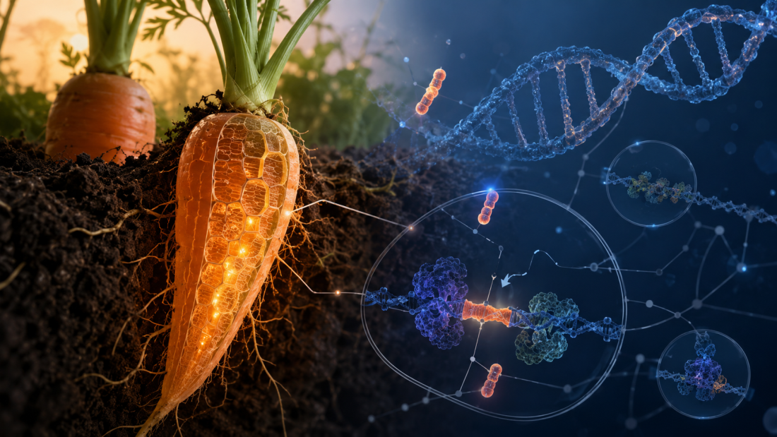 Ilustración científica de zanahorias con ADN vegetal y pequeños elementos móviles del genoma asociados a regulación génica.
