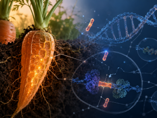 Ilustración científica de zanahorias con ADN vegetal y pequeños elementos móviles del genoma asociados a regulación génica.