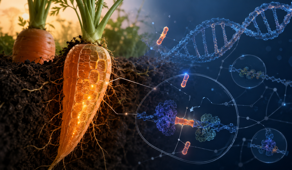 Ilustración científica de zanahorias con ADN vegetal y pequeños elementos móviles del genoma asociados a regulación génica.