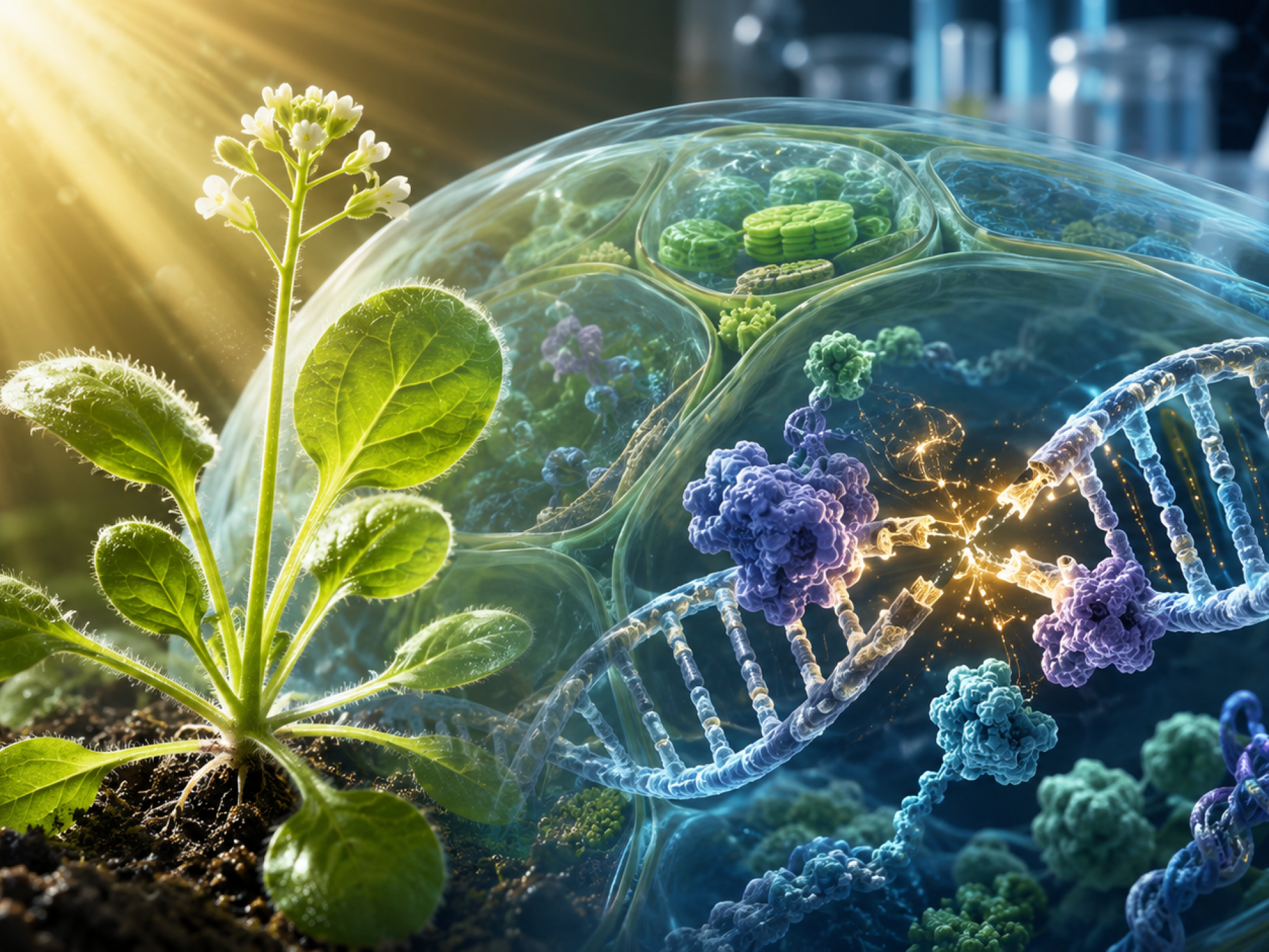 Ilustración científica de una planta joven con ADN vegetal en reparación, inspirada en el hallazgo sobre la proteína YAF9B y la respuesta al daño genético en plantas.