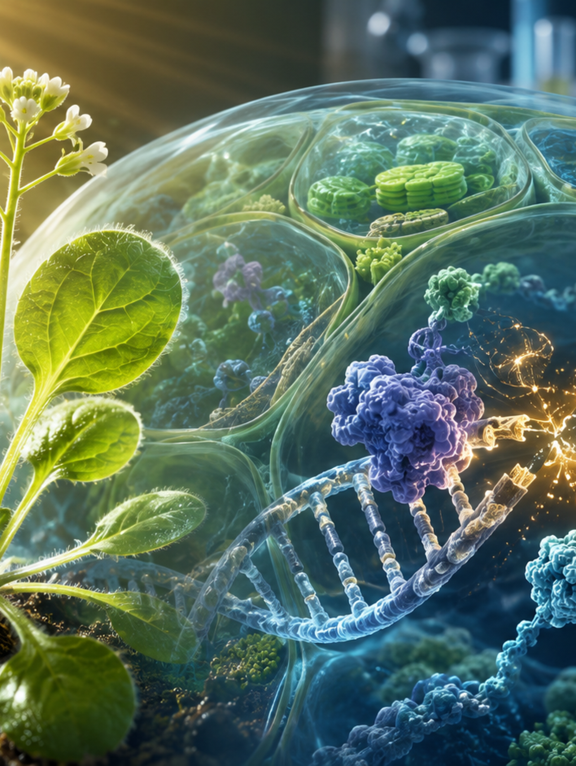 Ilustración científica de una planta joven con ADN vegetal en reparación, inspirada en el hallazgo sobre la proteína YAF9B y la respuesta al daño genético en plantas.