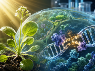 Ilustración científica de una planta joven con ADN vegetal en reparación, inspirada en el hallazgo sobre la proteína YAF9B y la respuesta al daño genético en plantas.