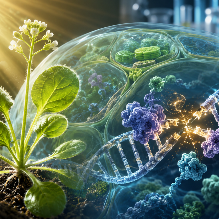 Ilustración científica de una planta joven con ADN vegetal en reparación, inspirada en el hallazgo sobre la proteína YAF9B y la respuesta al daño genético en plantas.