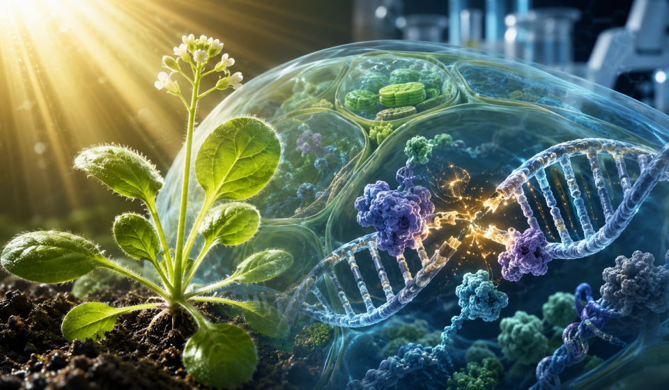 Ilustración científica de una planta joven con ADN vegetal en reparación, inspirada en el hallazgo sobre la proteína YAF9B y la respuesta al daño genético en plantas.