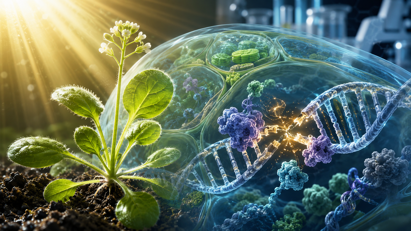 Ilustración científica de una planta joven con ADN vegetal en reparación, inspirada en el hallazgo sobre la proteína YAF9B y la respuesta al daño genético en plantas.