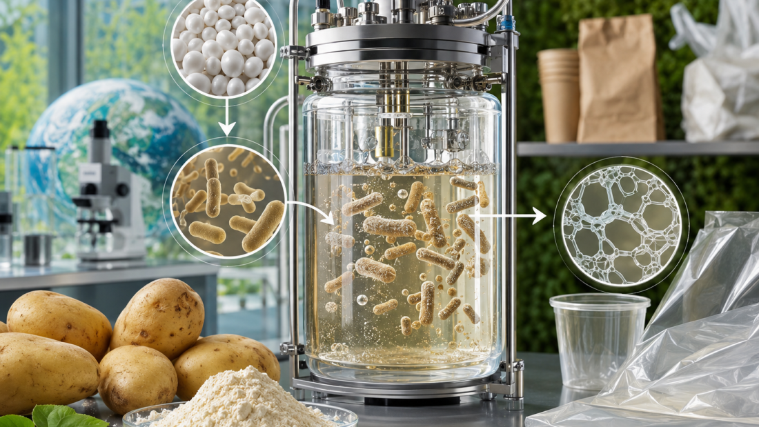 Bacteria modificada transforma almidón de papa en bioplástico biodegradable PHB en un laboratorio.