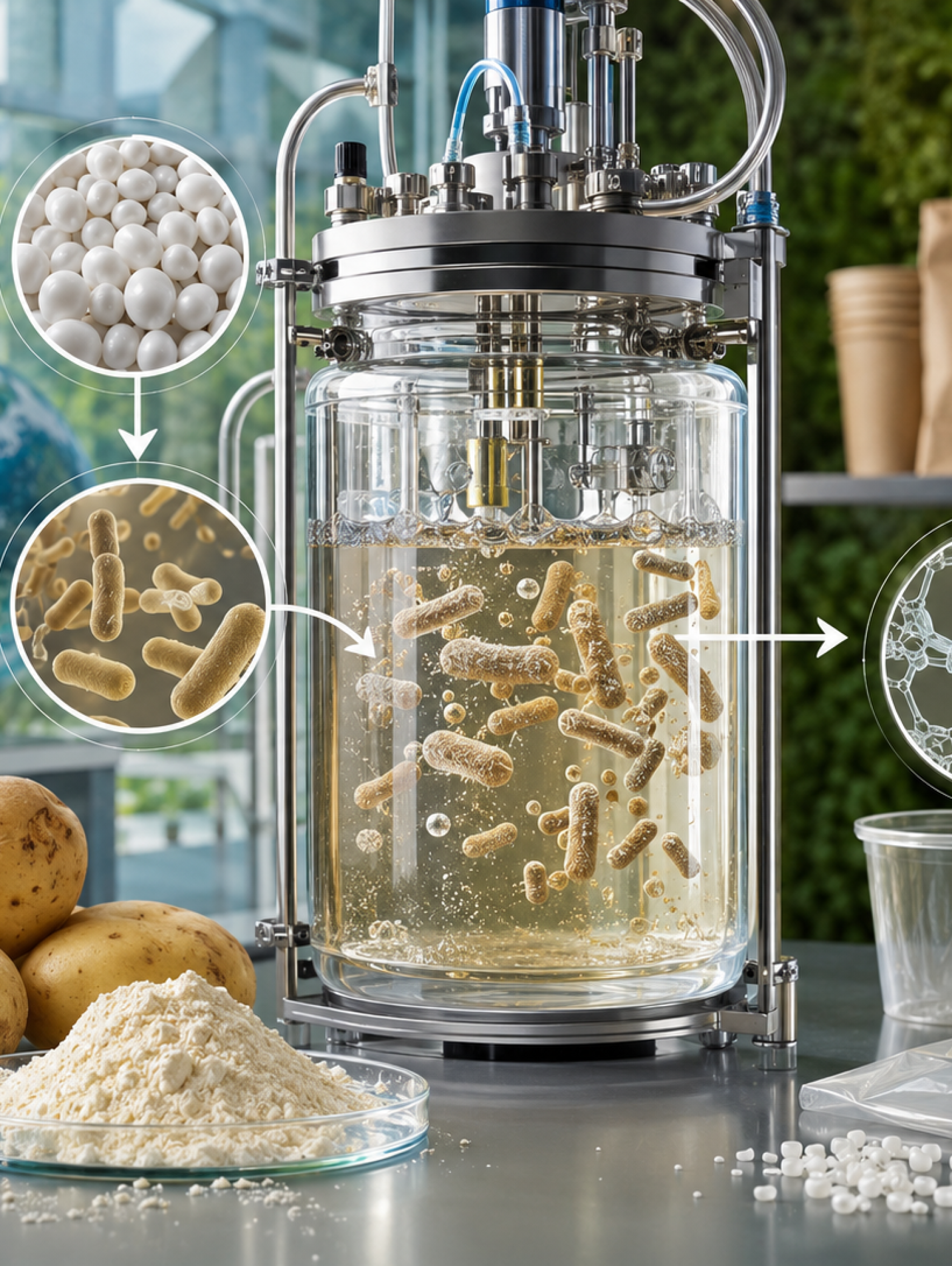 Bacteria modificada transforma almidón de papa en bioplástico biodegradable PHB en un laboratorio.