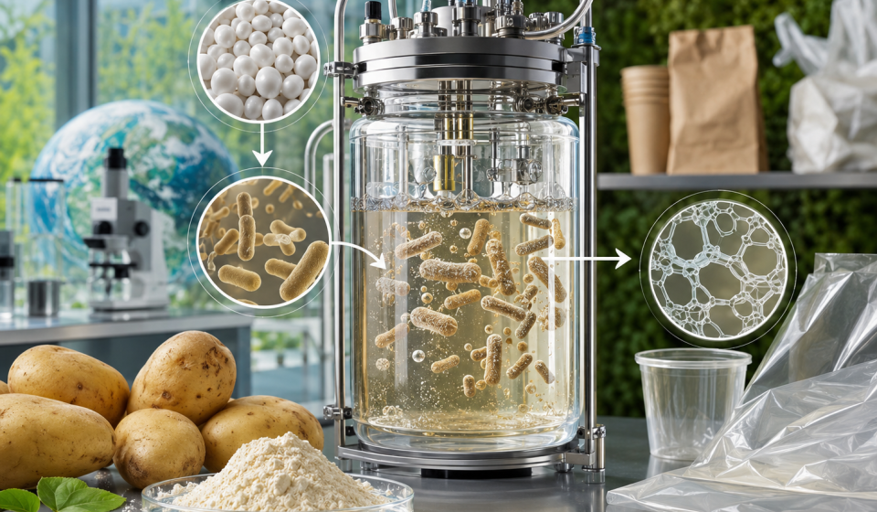 Bacteria modificada transforma almidón de papa en bioplástico biodegradable PHB en un laboratorio.
