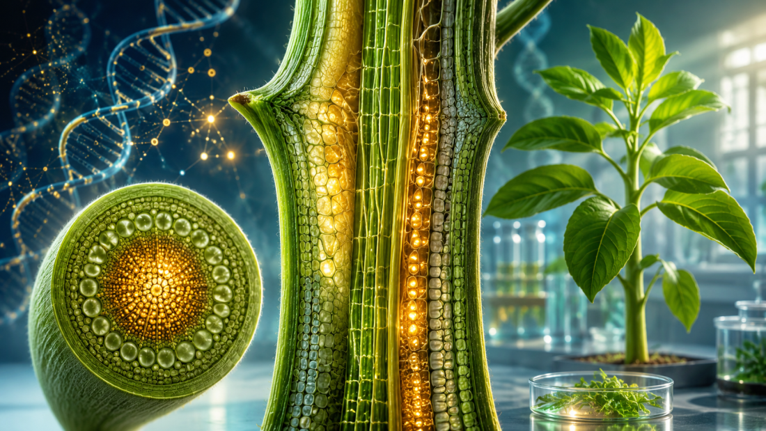 Corte conceptual de un tallo vegetal con tejidos internos iluminados y divisiones celulares que influyen en la forma de la planta.