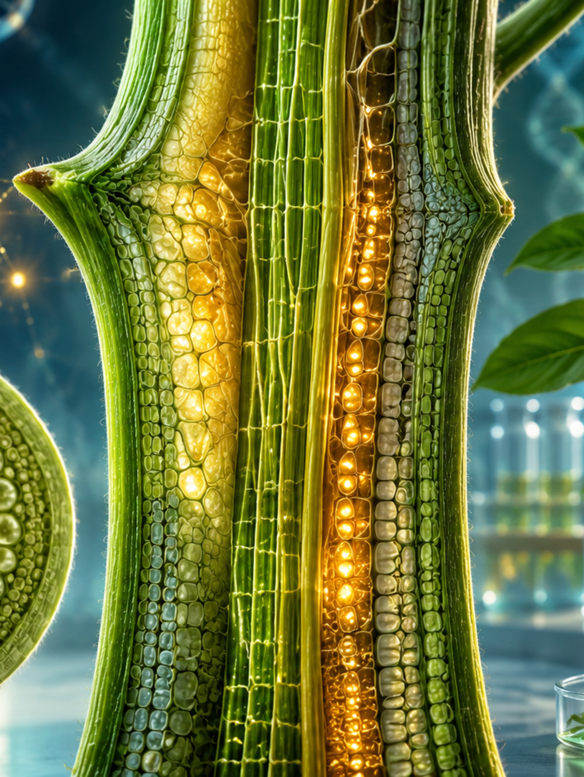 Corte conceptual de un tallo vegetal con tejidos internos iluminados y divisiones celulares que influyen en la forma de la planta.