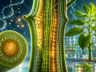 Corte conceptual de un tallo vegetal con tejidos internos iluminados y divisiones celulares que influyen en la forma de la planta.