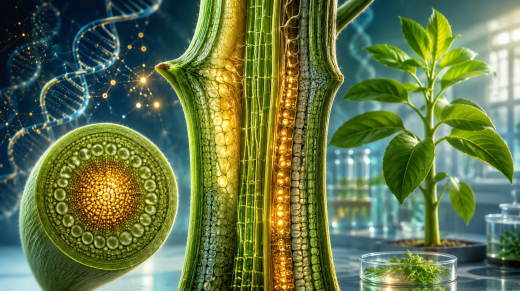 Corte conceptual de un tallo vegetal con tejidos internos iluminados y divisiones celulares que influyen en la forma de la planta.