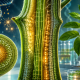 Corte conceptual de un tallo vegetal con tejidos internos iluminados y divisiones celulares que influyen en la forma de la planta.