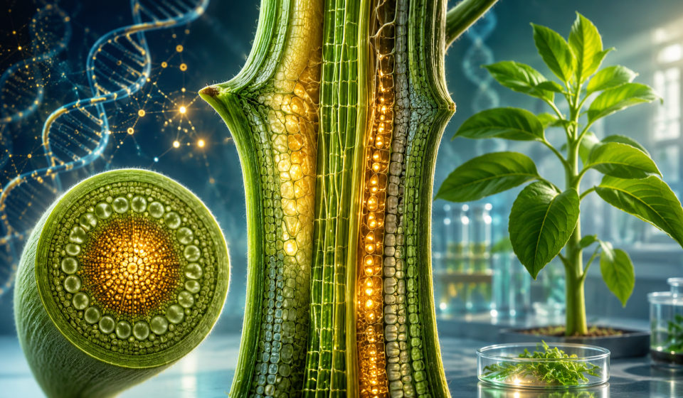 Corte conceptual de un tallo vegetal con tejidos internos iluminados y divisiones celulares que influyen en la forma de la planta.