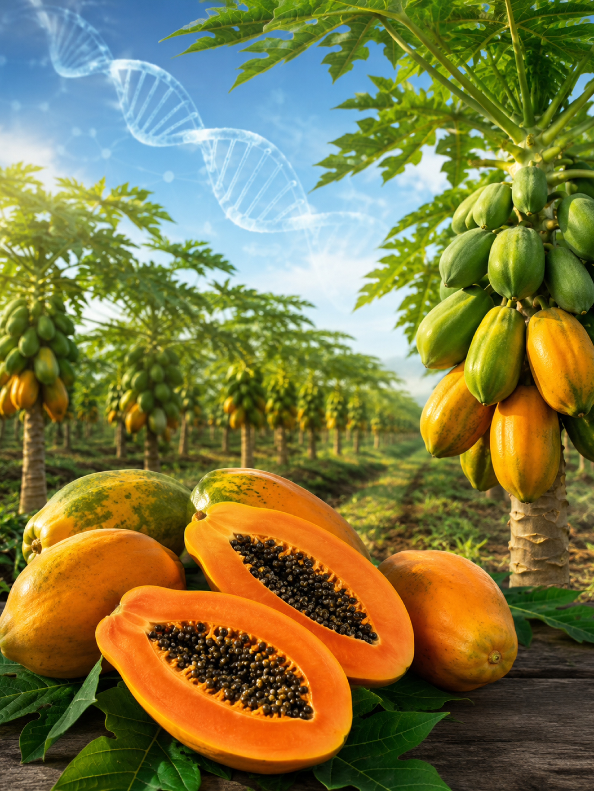 Papayas maduras abiertas y enteras en una plantación tropical, con un elemento visual de ADN que representa la edición genética aplicada al mejoramiento del cultivo.
