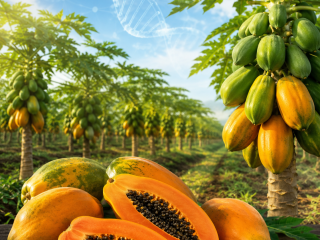 Papayas maduras abiertas y enteras en una plantación tropical, con un elemento visual de ADN que representa la edición genética aplicada al mejoramiento del cultivo.