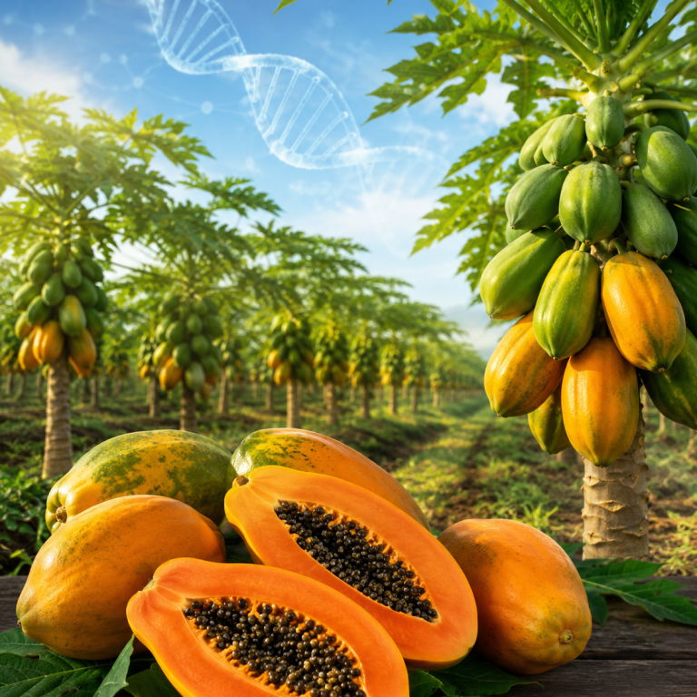 Papayas maduras abiertas y enteras en una plantación tropical, con un elemento visual de ADN que representa la edición genética aplicada al mejoramiento del cultivo.