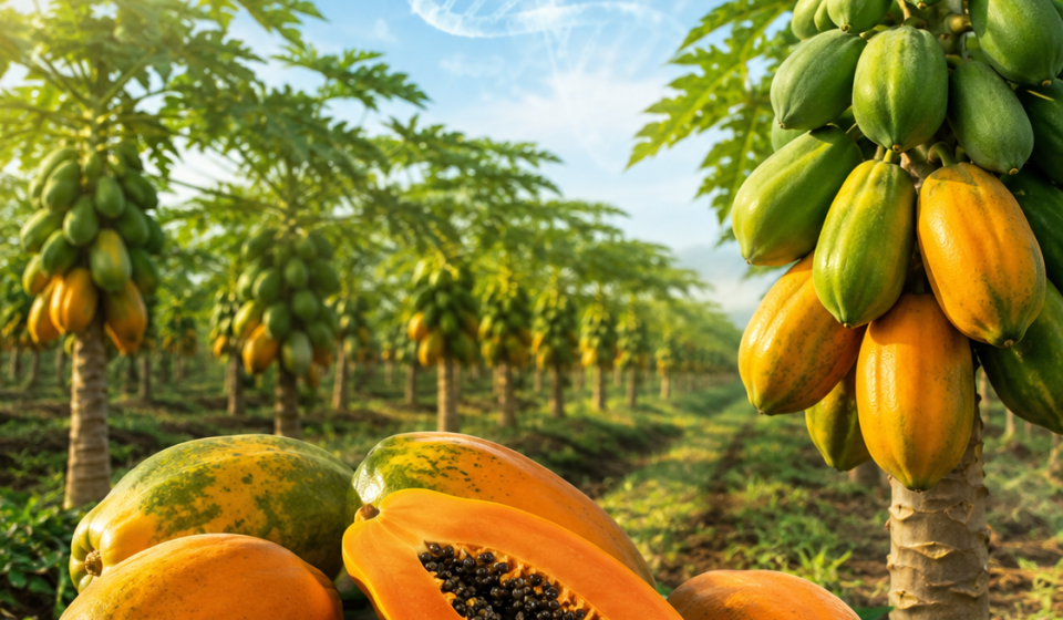 Papayas maduras abiertas y enteras en una plantación tropical, con un elemento visual de ADN que representa la edición genética aplicada al mejoramiento del cultivo.