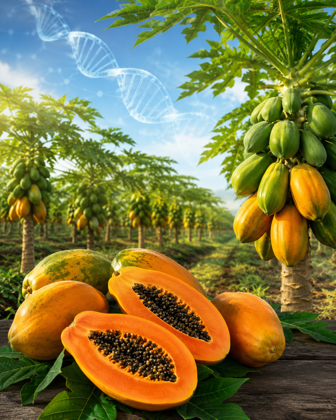 Papayas maduras abiertas y enteras en una plantación tropical, con un elemento visual de ADN que representa la edición genética aplicada al mejoramiento del cultivo.