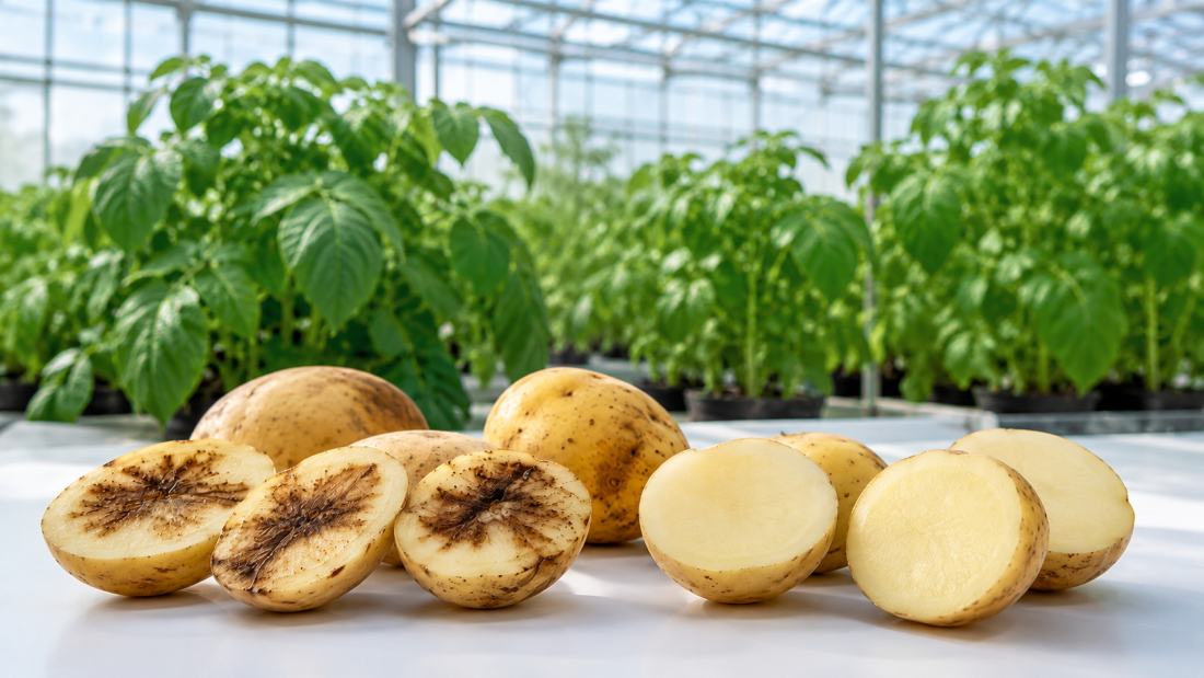 Papas cortadas con y sin pardeamiento interno frente a plantas de papa cultivadas en invernadero.