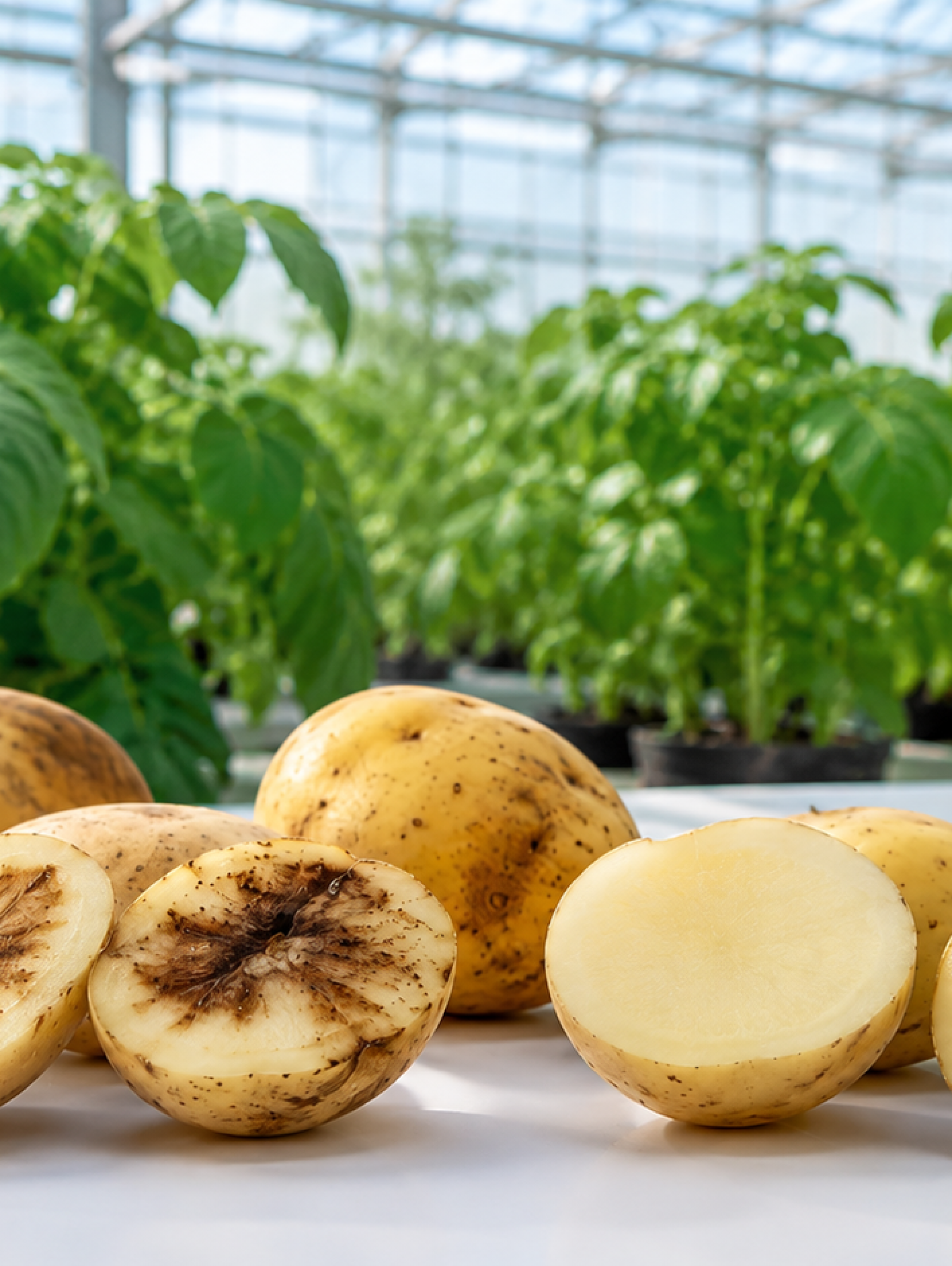 Papas cortadas con y sin pardeamiento interno frente a plantas de papa cultivadas en invernadero.