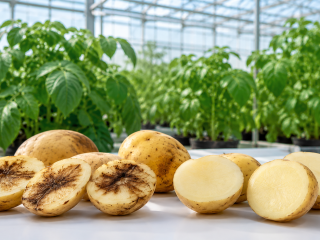 Papas cortadas con y sin pardeamiento interno frente a plantas de papa cultivadas en invernadero.
