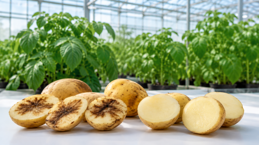 Papas cortadas con y sin pardeamiento interno frente a plantas de papa cultivadas en invernadero.