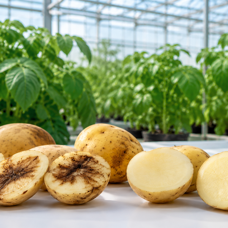 Papas cortadas con y sin pardeamiento interno frente a plantas de papa cultivadas en invernadero.