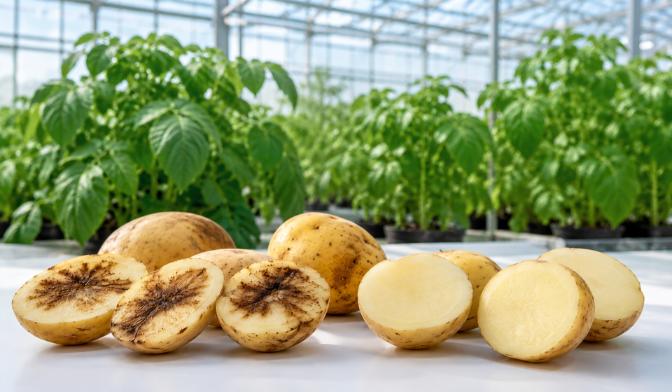 Papas cortadas con y sin pardeamiento interno frente a plantas de papa cultivadas en invernadero.