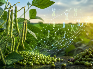 Plantas y semillas de poroto mung junto a una representación gráfica de su pangenoma y un brúquido.