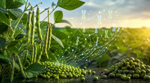 Plantas y semillas de poroto mung junto a una representación gráfica de su pangenoma y un brúquido.