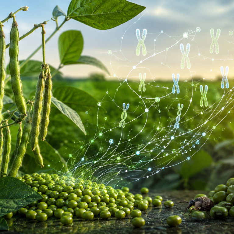 Plantas y semillas de poroto mung junto a una representación gráfica de su pangenoma y un brúquido.