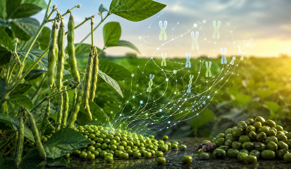 Plantas y semillas de poroto mung junto a una representación gráfica de su pangenoma y un brúquido.