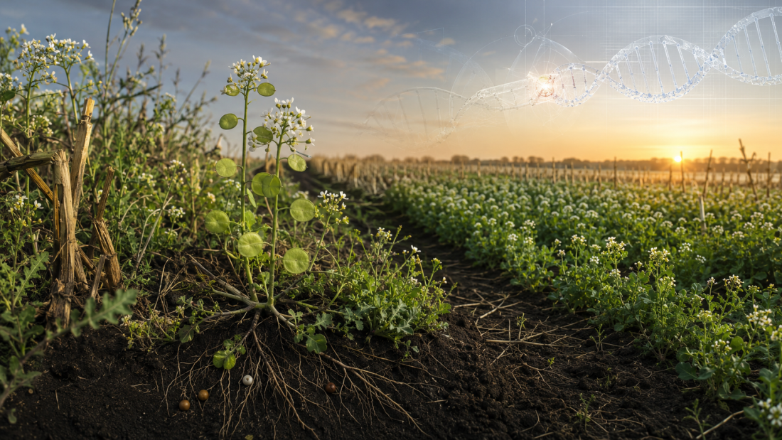 Cultivo de pennycress editado con CRISPR creciendo como cobertura invernal entre rastrojos de maíz, con flores blancas y vainas circulares.