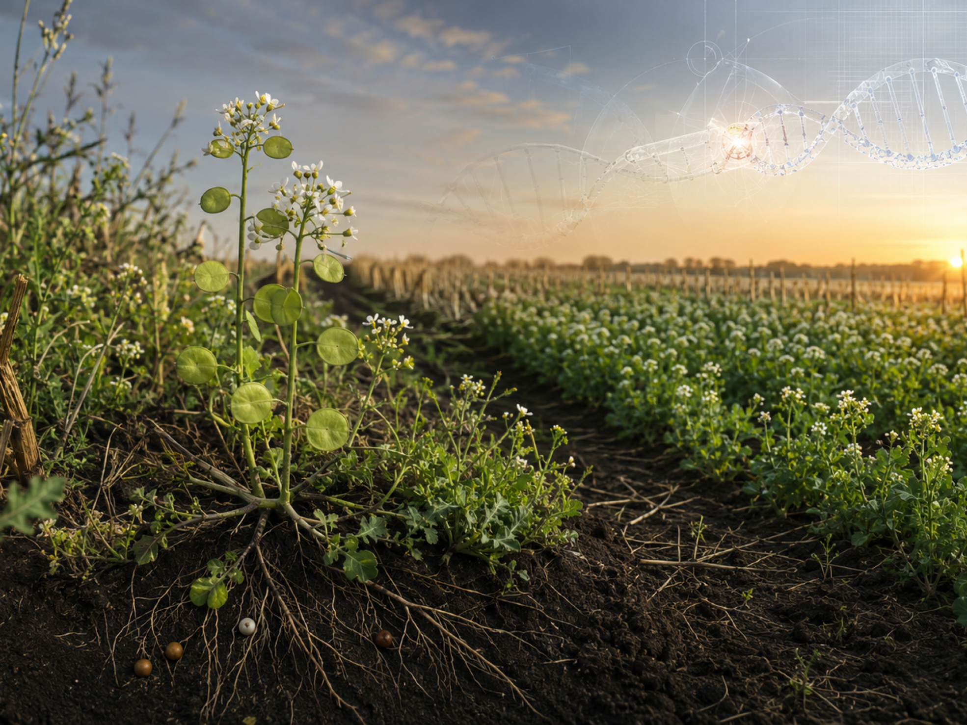 Cultivo de pennycress editado con CRISPR creciendo como cobertura invernal entre rastrojos de maíz, con flores blancas y vainas circulares.