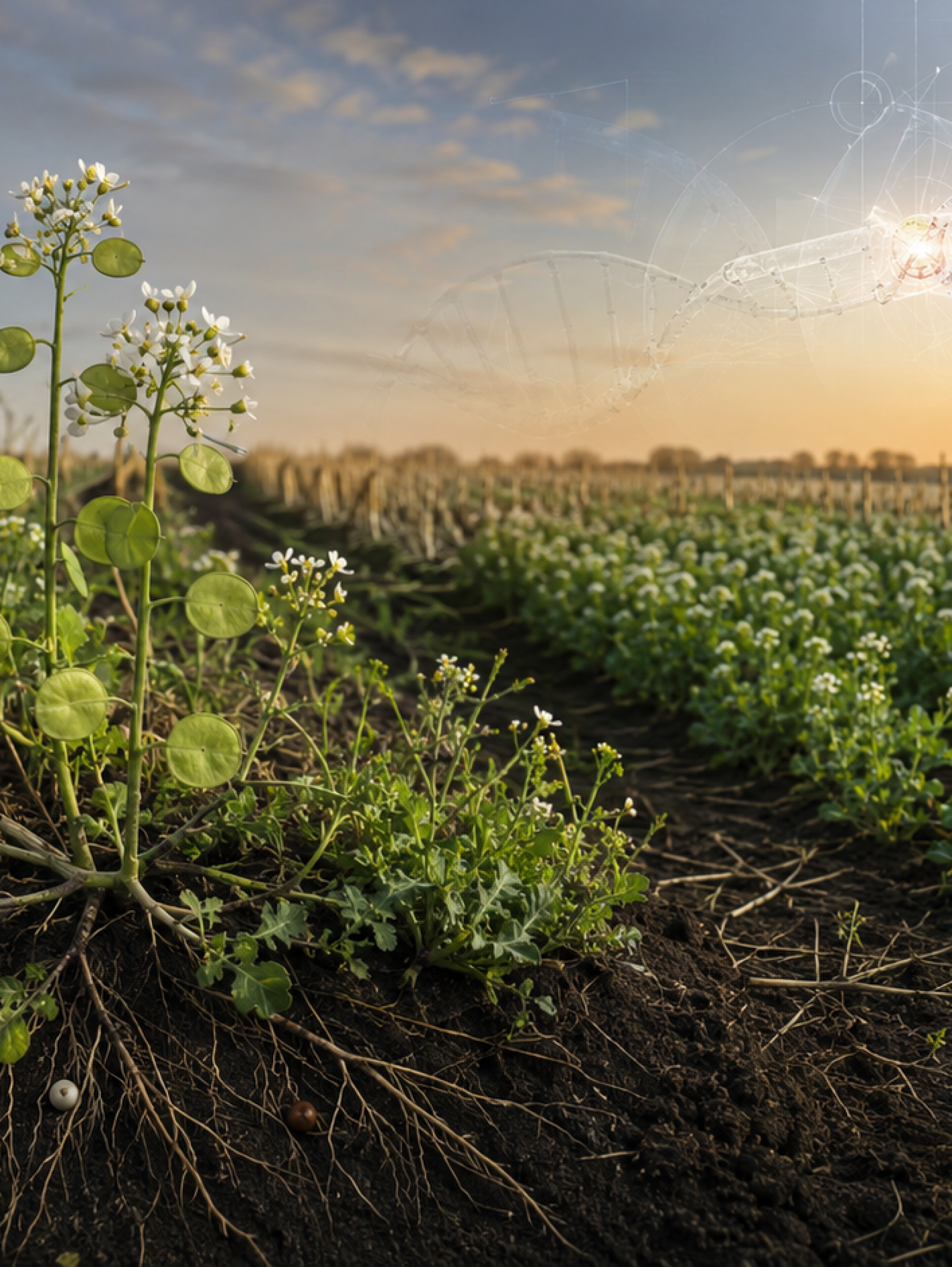 Cultivo de pennycress editado con CRISPR creciendo como cobertura invernal entre rastrojos de maíz, con flores blancas y vainas circulares.