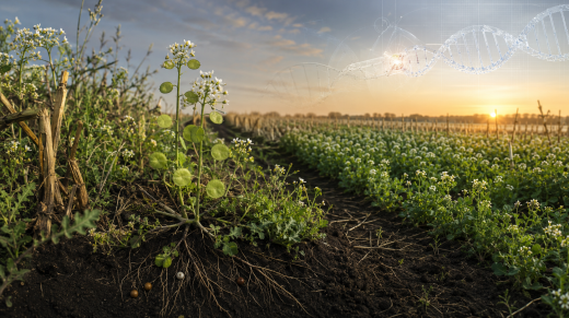 Cultivo de pennycress editado con CRISPR creciendo como cobertura invernal entre rastrojos de maíz, con flores blancas y vainas circulares.