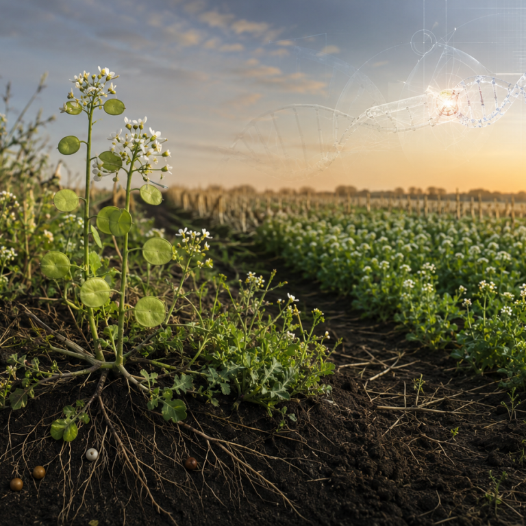 Cultivo de pennycress editado con CRISPR creciendo como cobertura invernal entre rastrojos de maíz, con flores blancas y vainas circulares.