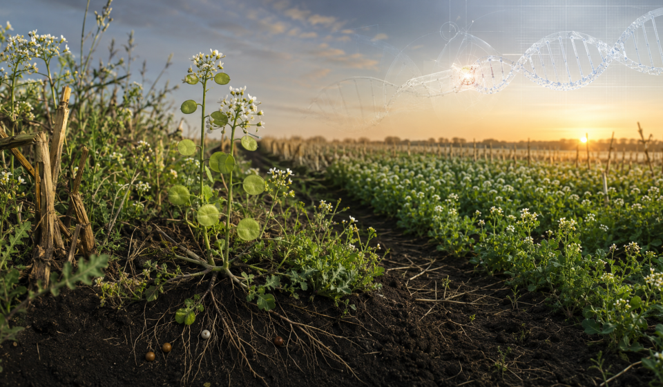 Cultivo de pennycress editado con CRISPR creciendo como cobertura invernal entre rastrojos de maíz, con flores blancas y vainas circulares.