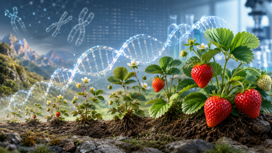 Evolución de la frutilla desde ancestros silvestres pequeños hasta variedades modernas cultivadas, conectadas por una doble hélice de ADN.