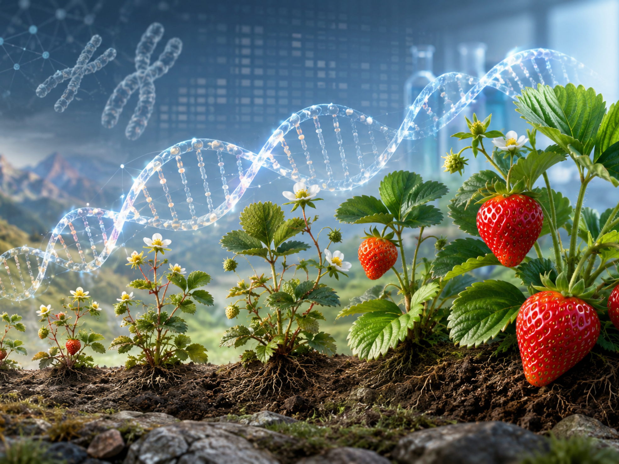 Evolución de la frutilla desde ancestros silvestres pequeños hasta variedades modernas cultivadas, conectadas por una doble hélice de ADN.