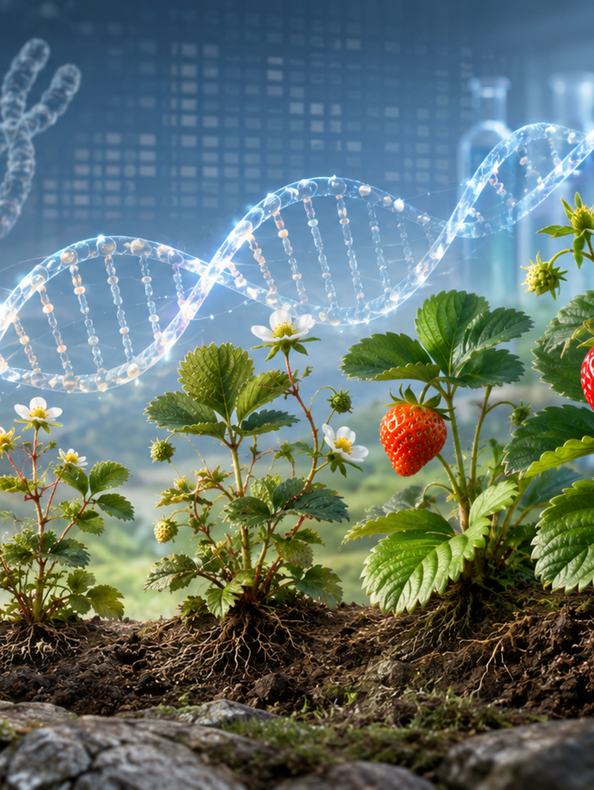 Evolución de la frutilla desde ancestros silvestres pequeños hasta variedades modernas cultivadas, conectadas por una doble hélice de ADN.