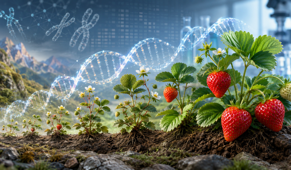 Evolución de la frutilla desde ancestros silvestres pequeños hasta variedades modernas cultivadas, conectadas por una doble hélice de ADN.