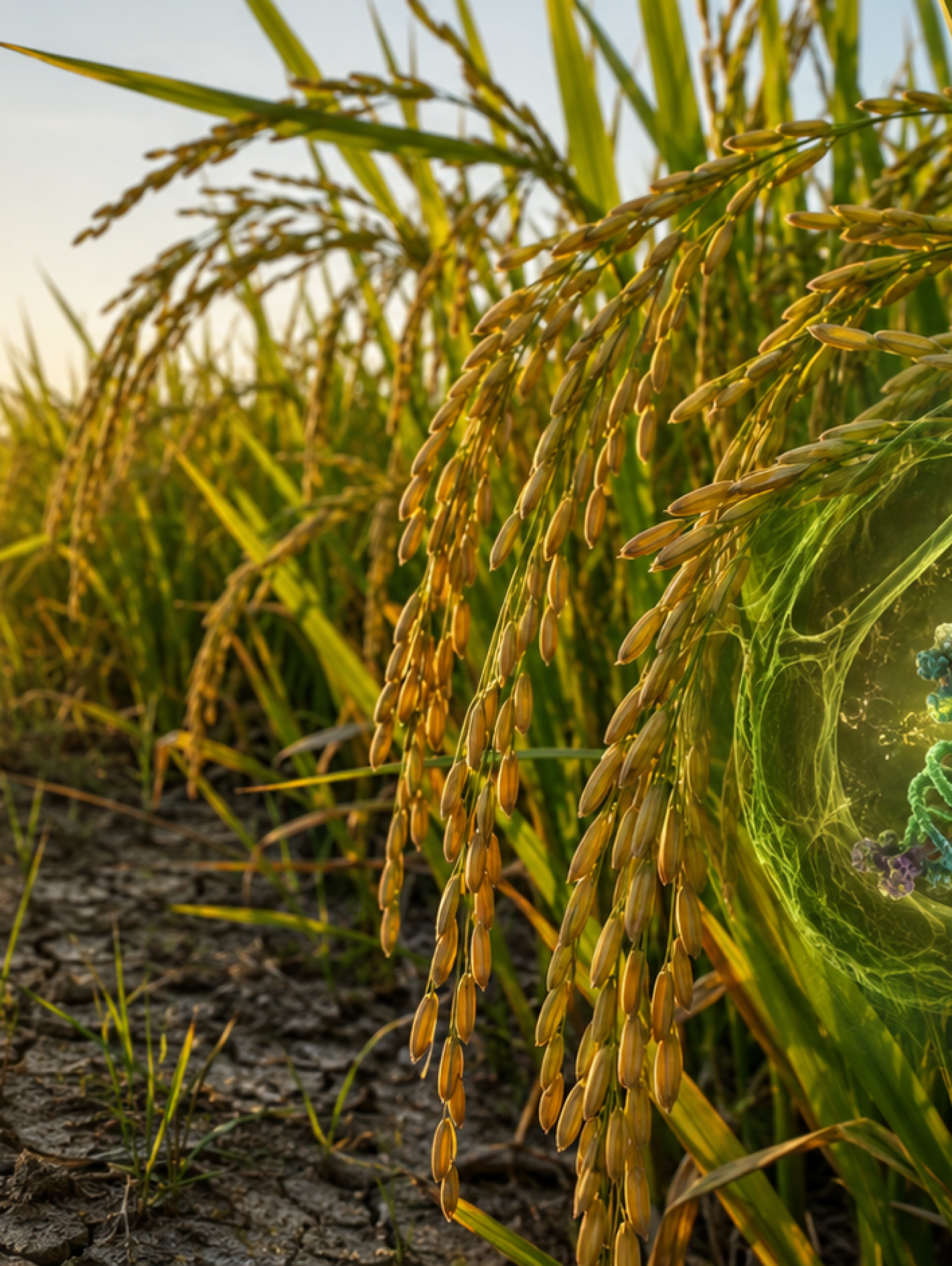 Plantas de arroz con panículas abundantes creciendo bajo sequía, representando una estrategia que aumenta el rendimiento y la tolerancia al estrés.