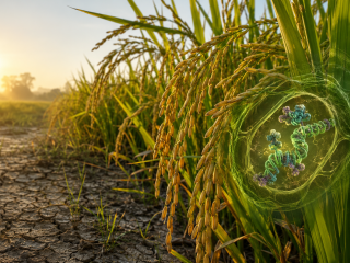 Plantas de arroz con panículas abundantes creciendo bajo sequía, representando una estrategia que aumenta el rendimiento y la tolerancia al estrés.