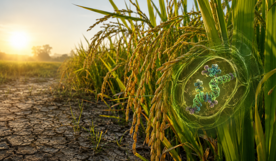 Plantas de arroz con panículas abundantes creciendo bajo sequía, representando una estrategia que aumenta el rendimiento y la tolerancia al estrés.