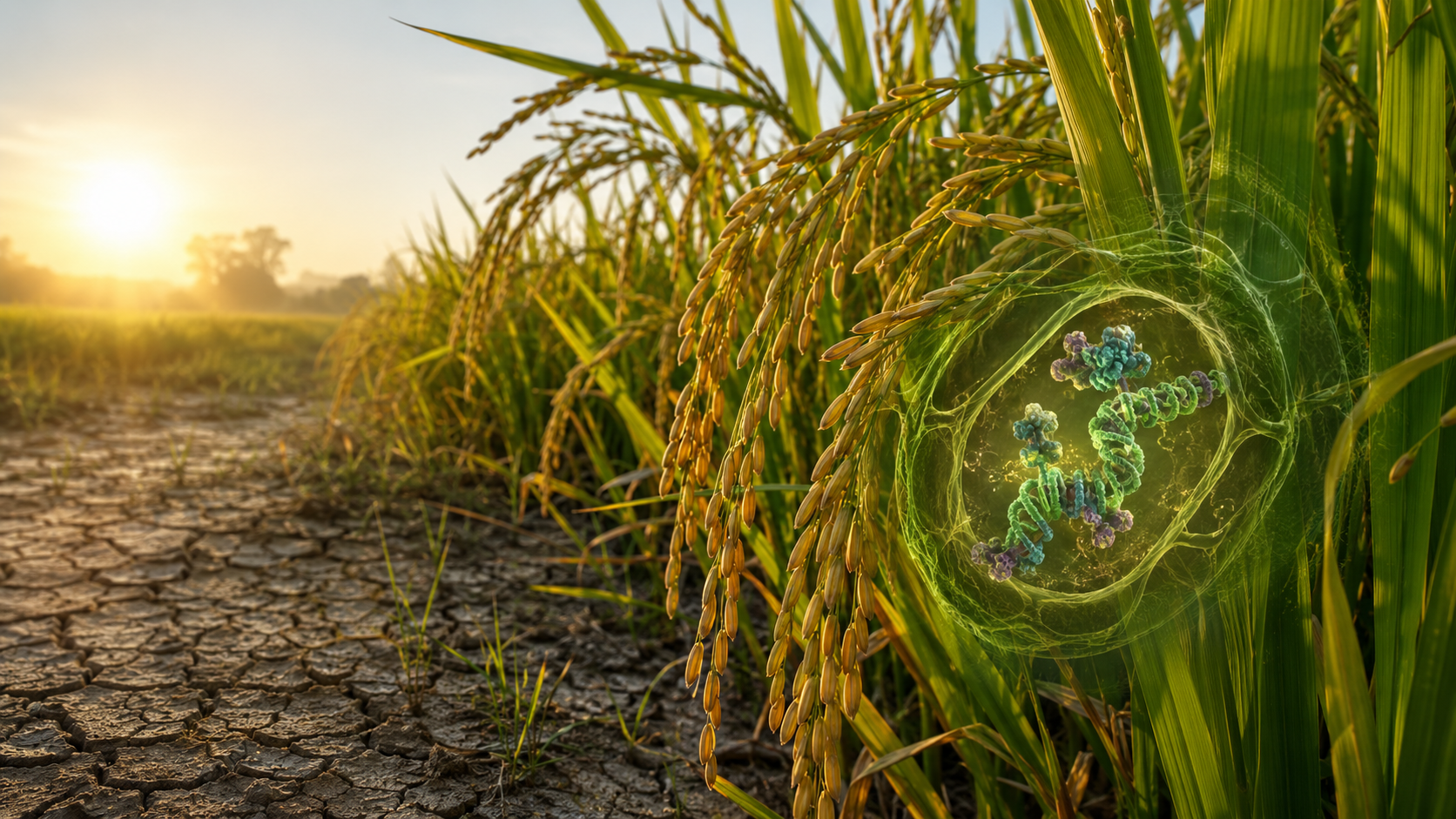 Plantas de arroz con panículas abundantes creciendo bajo sequía, representando una estrategia que aumenta el rendimiento y la tolerancia al estrés.