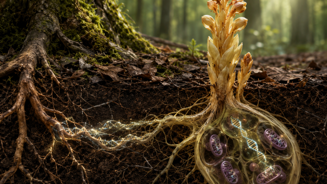 Planta holoparásita conectada a raíces de un árbol huésped con hebras de ADN ilustrando transferencia horizontal de genes.