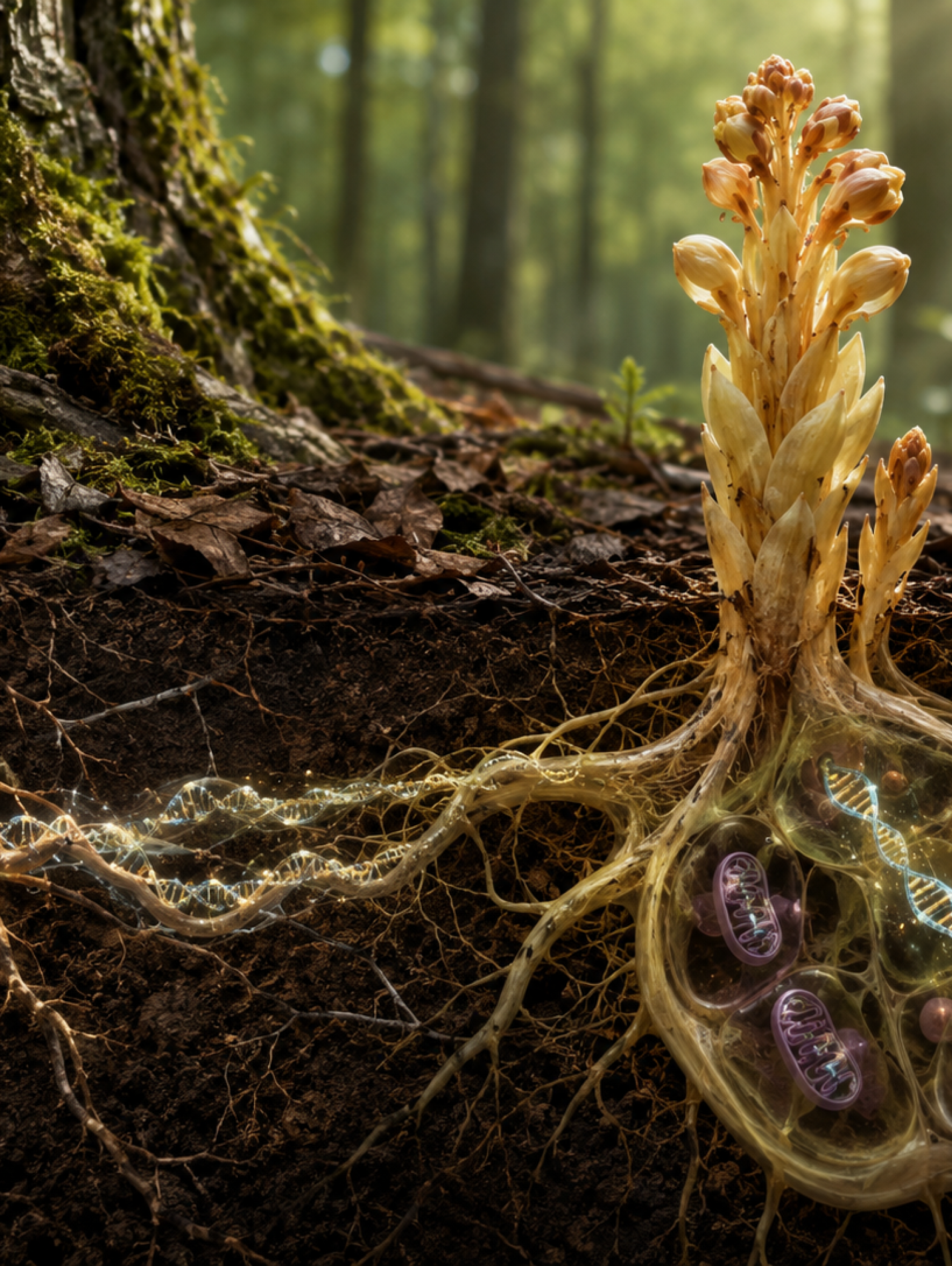 Planta holoparásita conectada a raíces de un árbol huésped con hebras de ADN ilustrando transferencia horizontal de genes.
