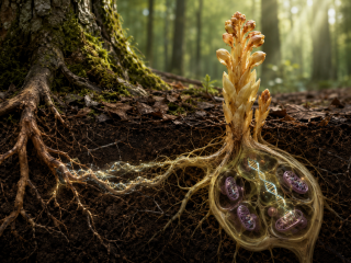 Planta holoparásita conectada a raíces de un árbol huésped con hebras de ADN ilustrando transferencia horizontal de genes.